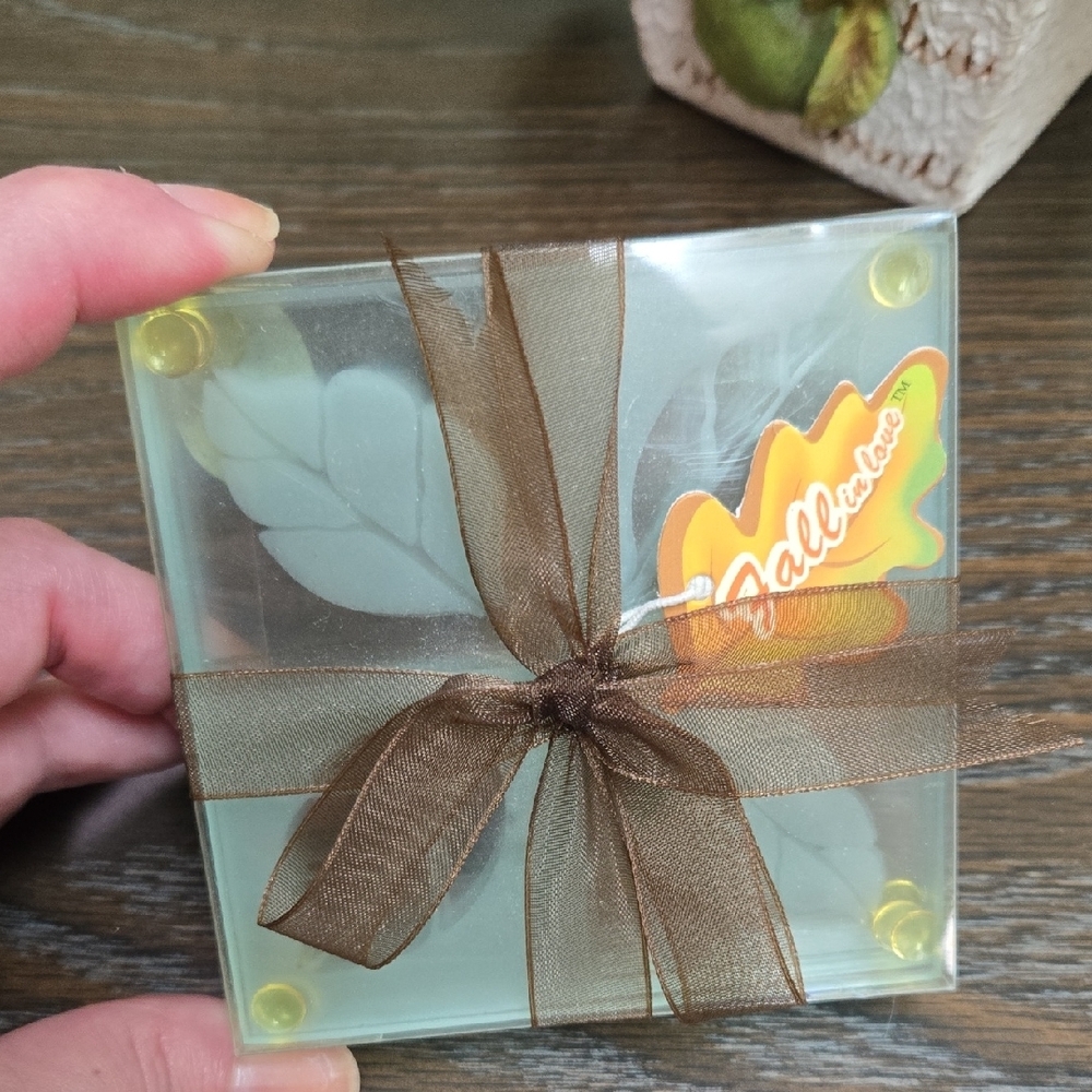 NEW - GREAT GIFT Kate Aspen set/ 4 leaf etched glass coasters Brown Sheer Ribbon